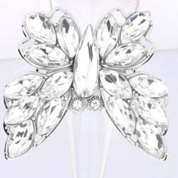 Butterfly Clear Marquise Rhinestone Silver Stretch Ring - Picture 4 of 6